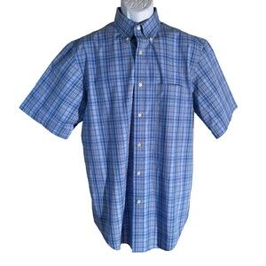 Roundtree & Yorke GOLD LABEL Short Sleeve Button Down Striped Shirt Blue Medium